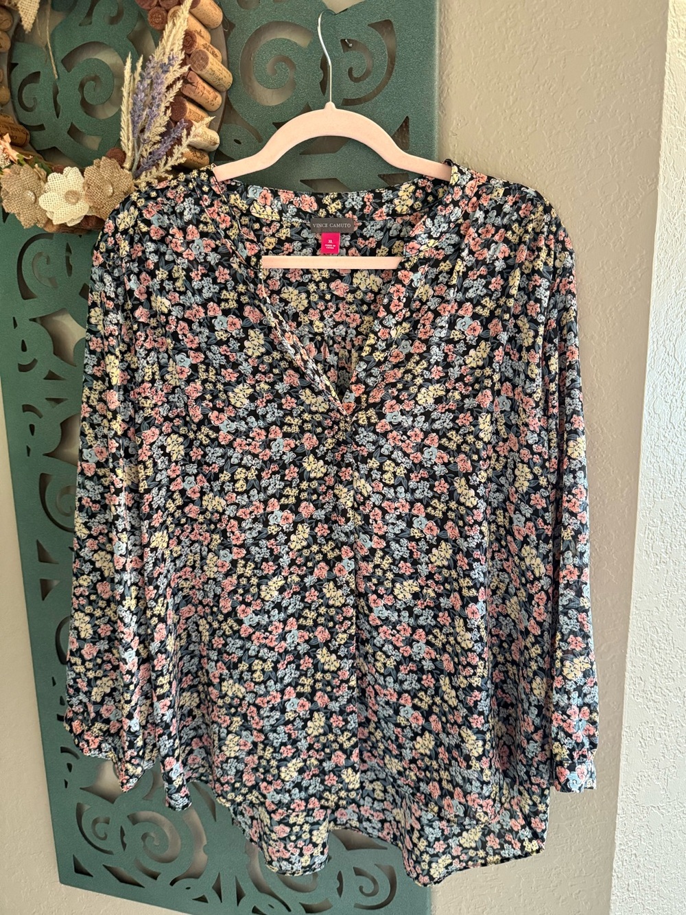Vince Camuto Black Floral V-Neck Blouse with Pink & Cream Blooms  NWOT